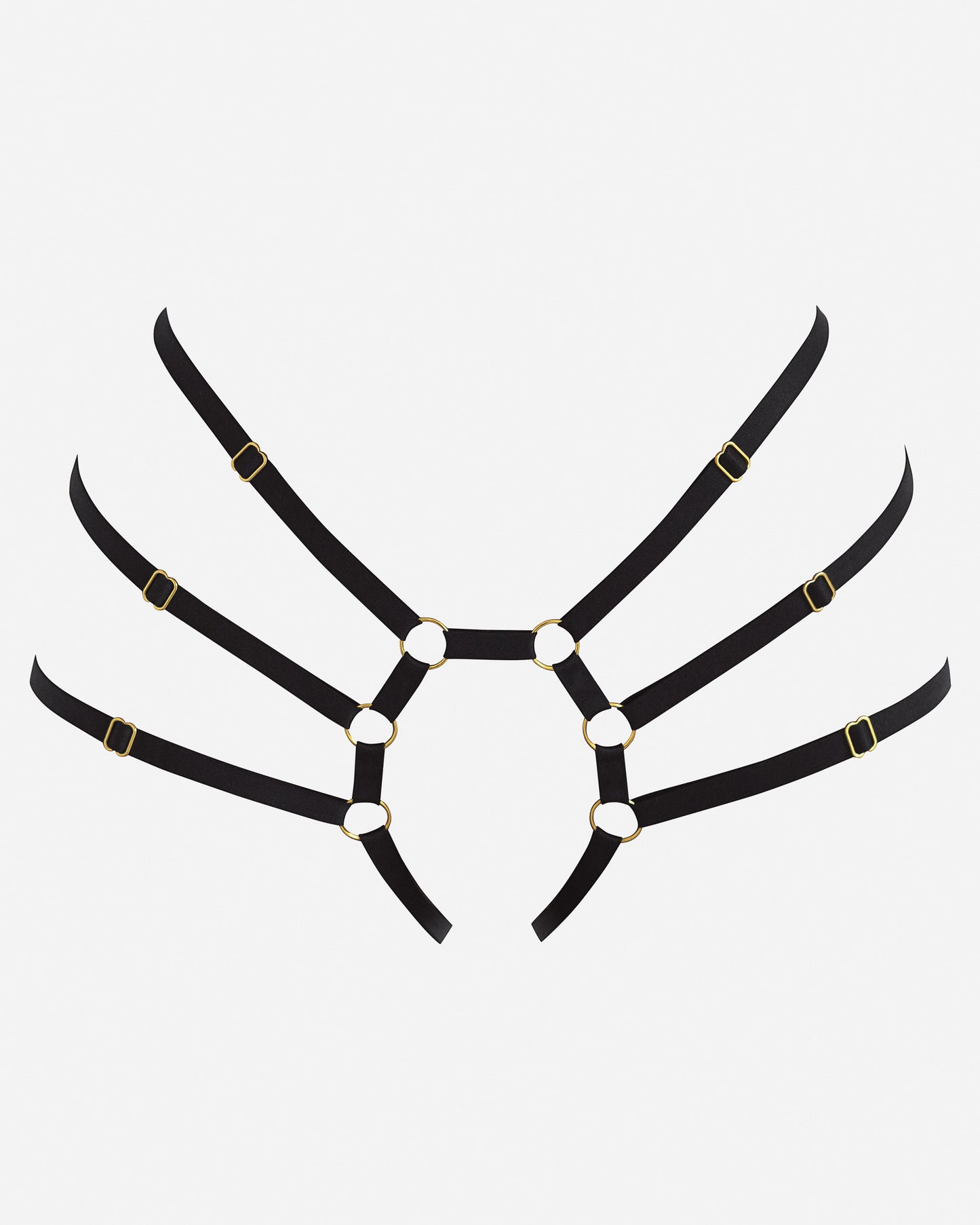 A black body harness with elastic satin strapping and 24k gold plated hardware.